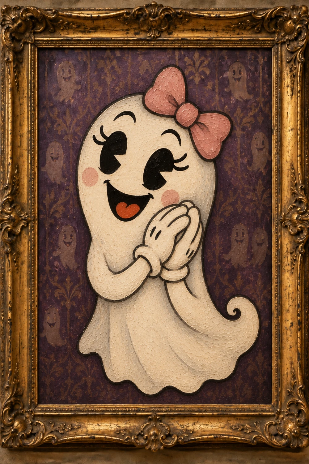 Daisy Boo with her pink bow and rosy cheeks, in an ornate framed portrait