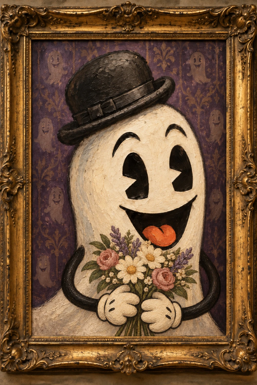 Rusty Boo in his bowler hat, holding flowers in an ornate framed portrait