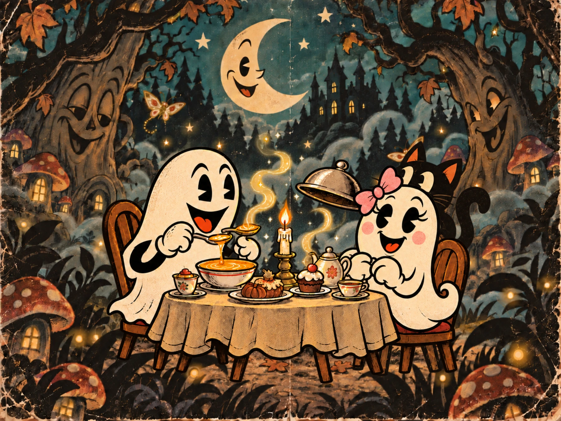 Rusty and Daisy sharing Midnight Supper in their enchanted illustrated world